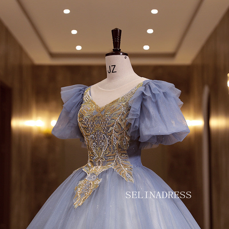 A-line V neck Short Puff Sleeve Long Prom Dress Ball Gown Beaded Princess Quinceanera YUU005|Selinadress