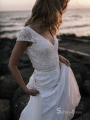 A-line V neck Short Sleeve Beach Wedding Dress White Sequins Bridal Gowns # SDL004