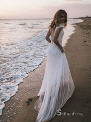 A-line V neck Short Sleeve Beach Wedding Dress White Sequins Bridal Gowns # SDL004