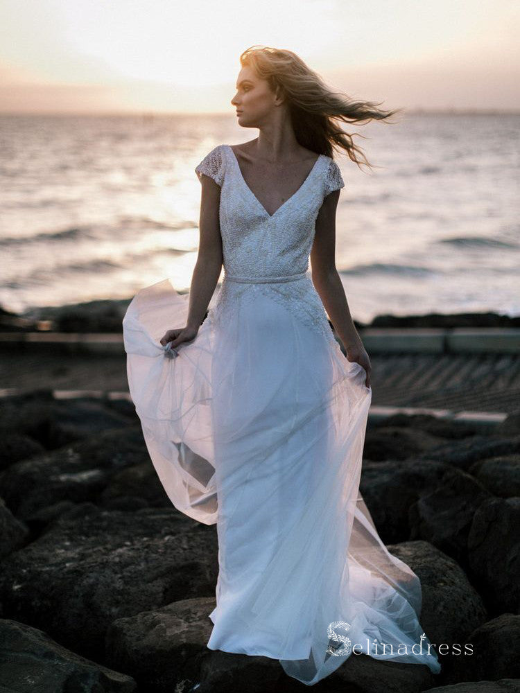 A-line V neck Short Sleeve Beach Wedding Dress White Sequins Bridal Gowns # SDL004