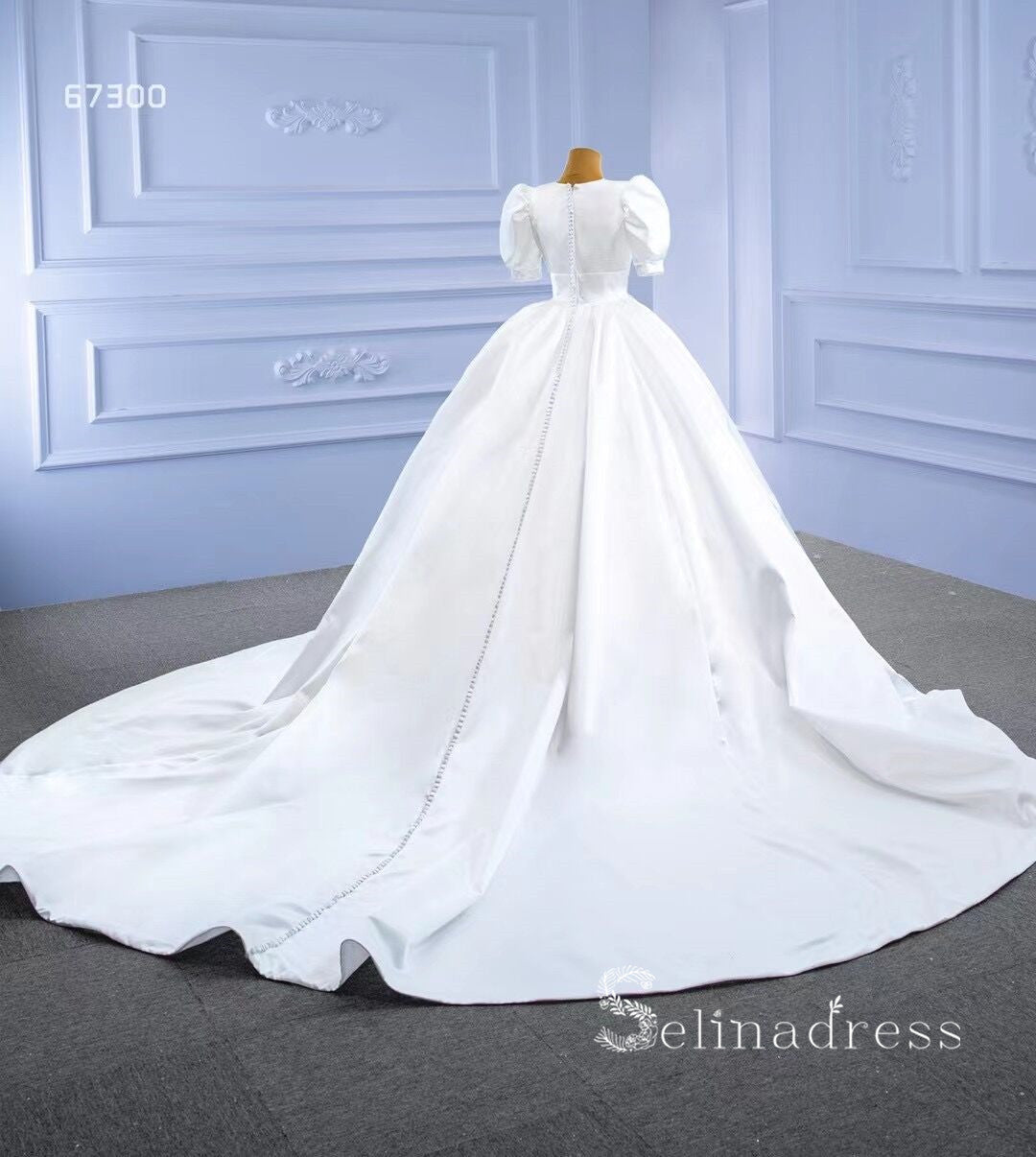 A-line V neck Short Sleeve White Satin Wedding Dresses MHL2861|Selinadress