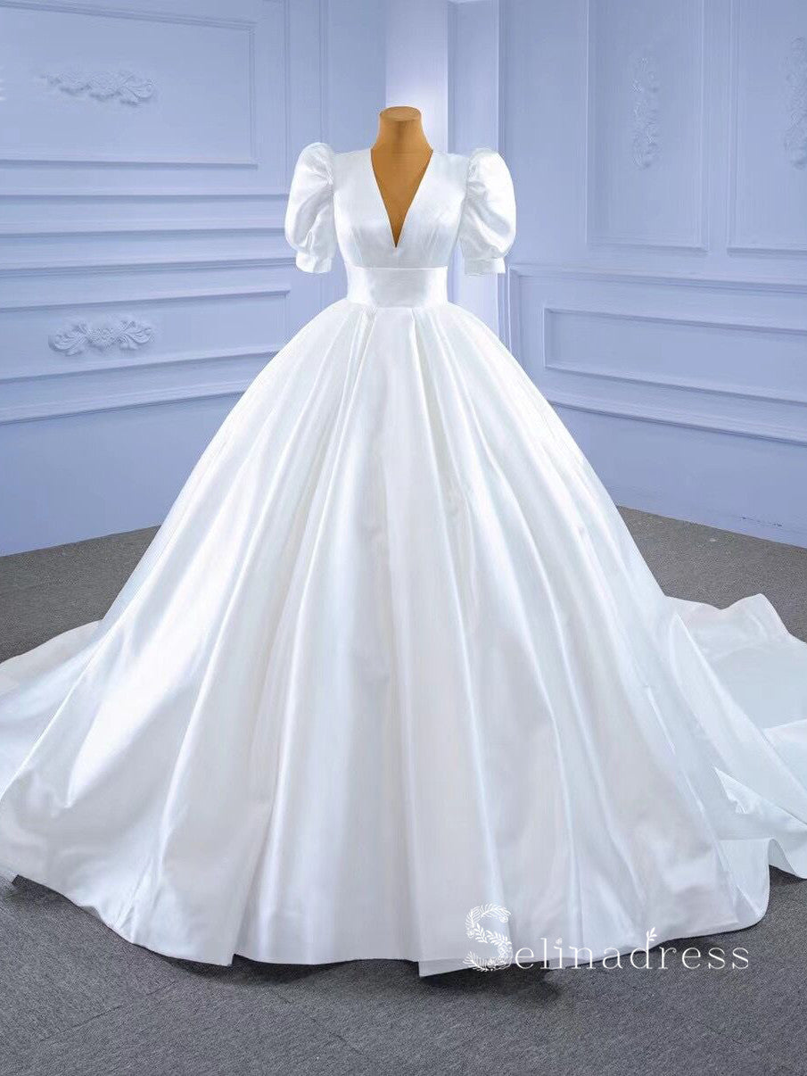 A-line V neck Short Sleeve White Satin Wedding Dresses MHL2861|Selinadress