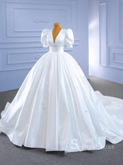 A-line V neck Short Sleeve White Satin Wedding Dresses MHL2861|Selinadress