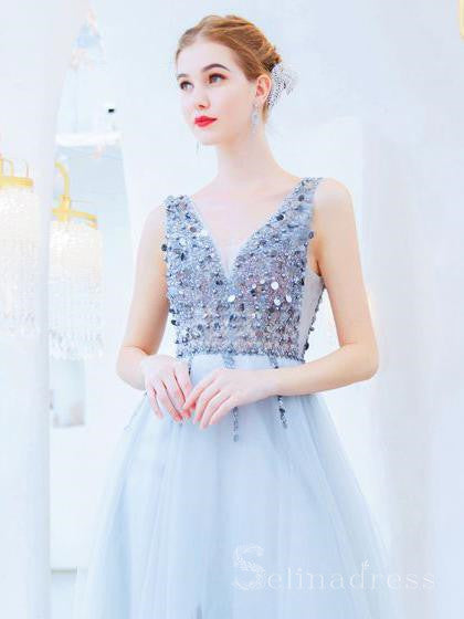 A-line V neck Silver Beaded Long Prom Dress Cheap Formal Dress #SED165