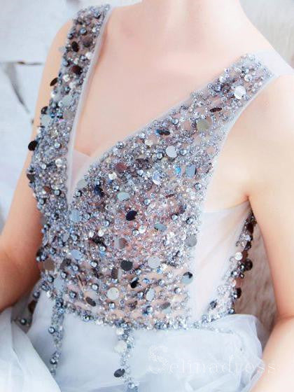 A-line V neck Silver Beaded Long Prom Dress Cheap Formal Dress #SED165