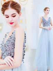 A-line V neck Silver Beaded Long Prom Dress Cheap Formal Dress #SED165