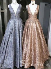 A-line V-neck Sparkly Long Prom Dresses With Beads Long Formal Evening Gowns SED132