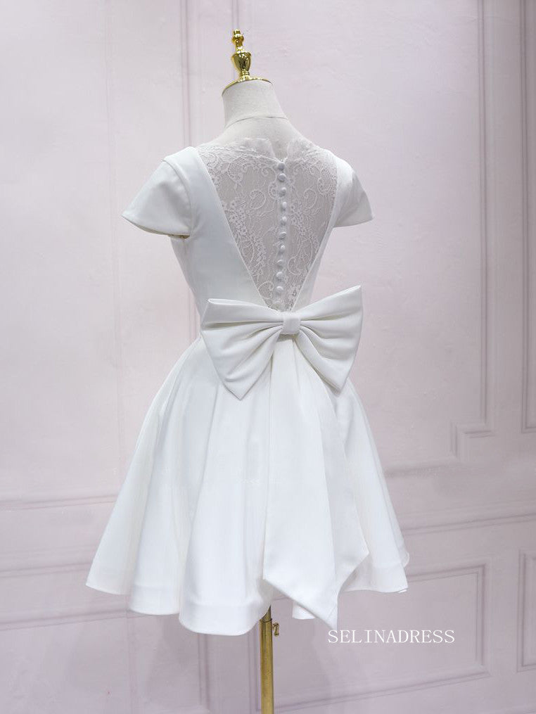 A-line V neck White Short Sleeve Homecoming Dress Lace Bow Short Prom Dresses EDS036|Selinadress