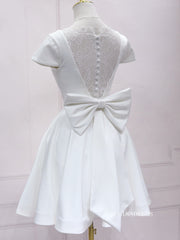 A-line V neck White Short Sleeve Homecoming Dress Lace Bow Short Prom Dresses EDS036|Selinadress