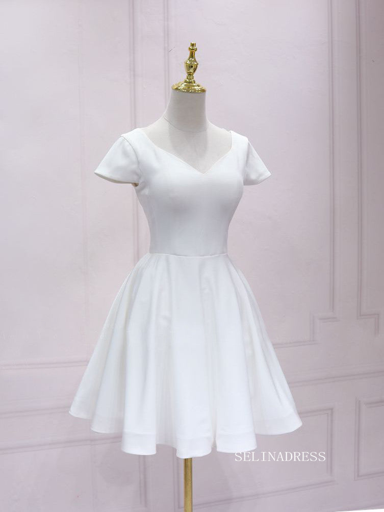 A-line V neck White Short Sleeve Homecoming Dress Lace Bow Short Prom Dresses EDS036|Selinadress