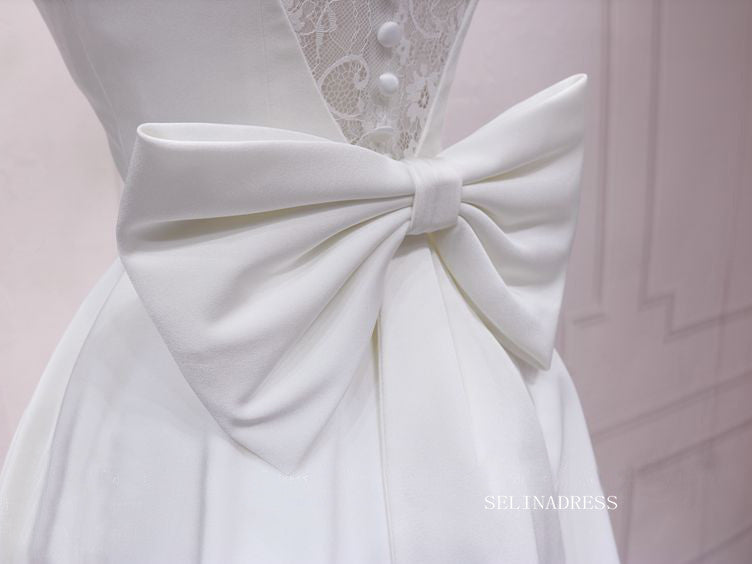 A-line V neck White Short Sleeve Homecoming Dress Lace Bow Short Prom Dresses EDS036|Selinadress