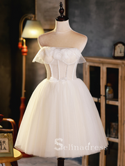 A-line White Strapless Cute Short Homecoming Dress Summer Outfits THL003|Selinadress