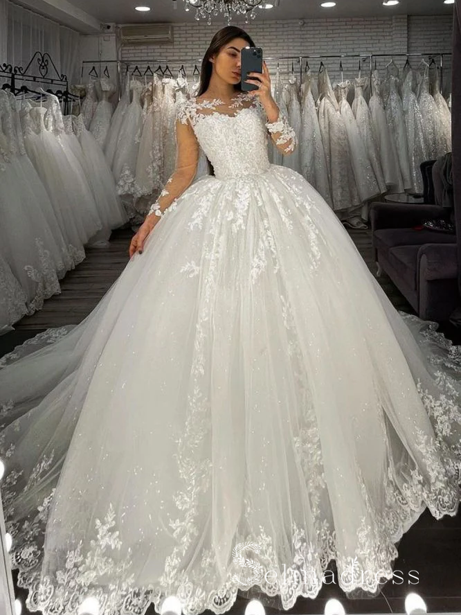 Ball Gown Long Sleeve Applique Lace Wedding Dresses Bridal Gowns MLD001|Selinadress