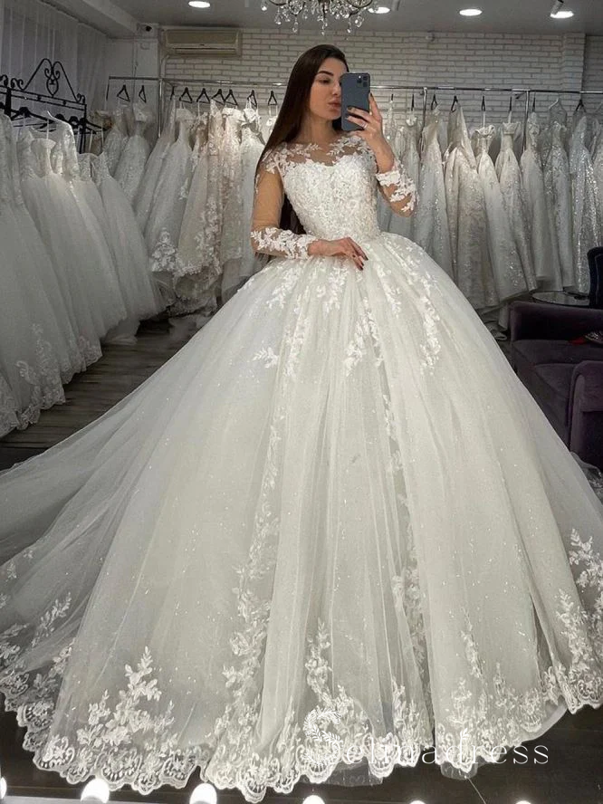 Ball Gown Long Sleeve Applique Lace Wedding Dresses Bridal Gowns MLD001|Selinadress