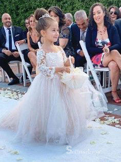 Ball Gown Long Sleeve Applique Tulle Cute Flower Girl Dresses With Bowknot GRS027|Selinadress