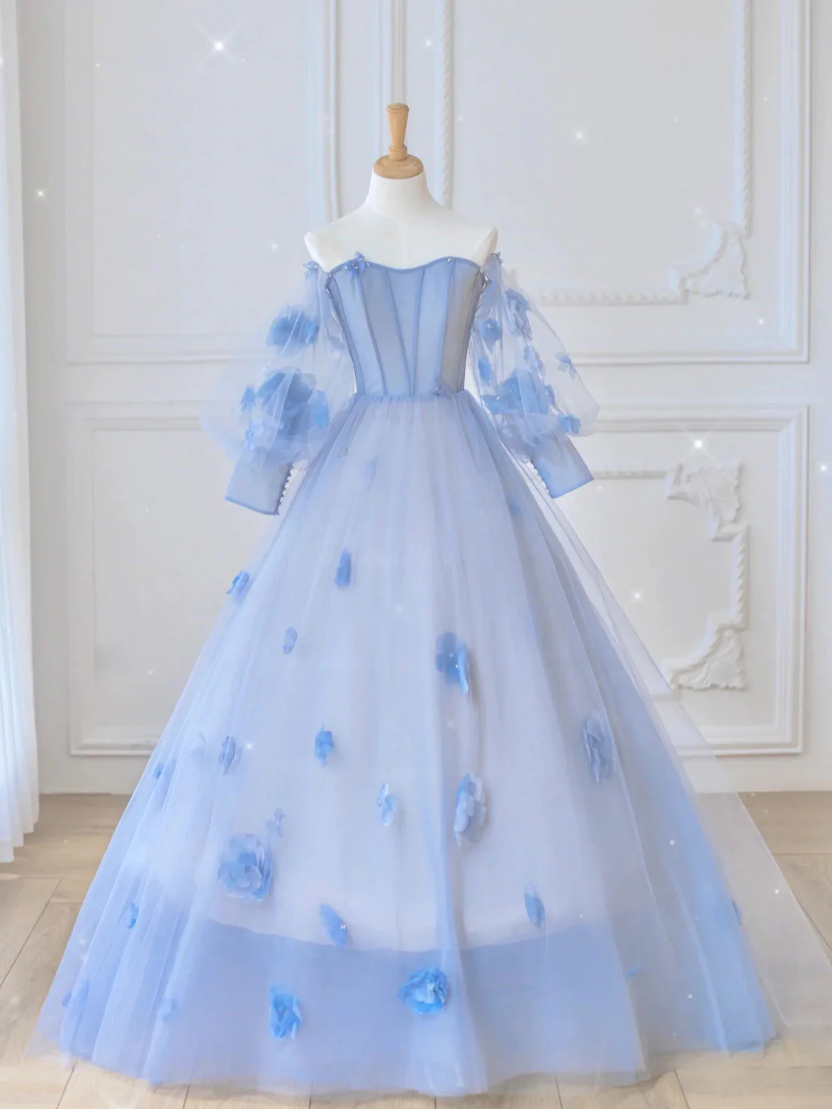 Ball Gown Long Sleeve Light Sky Blue Sweet 16 Dress Cheap Evening Dresses RYU037|Selinadress