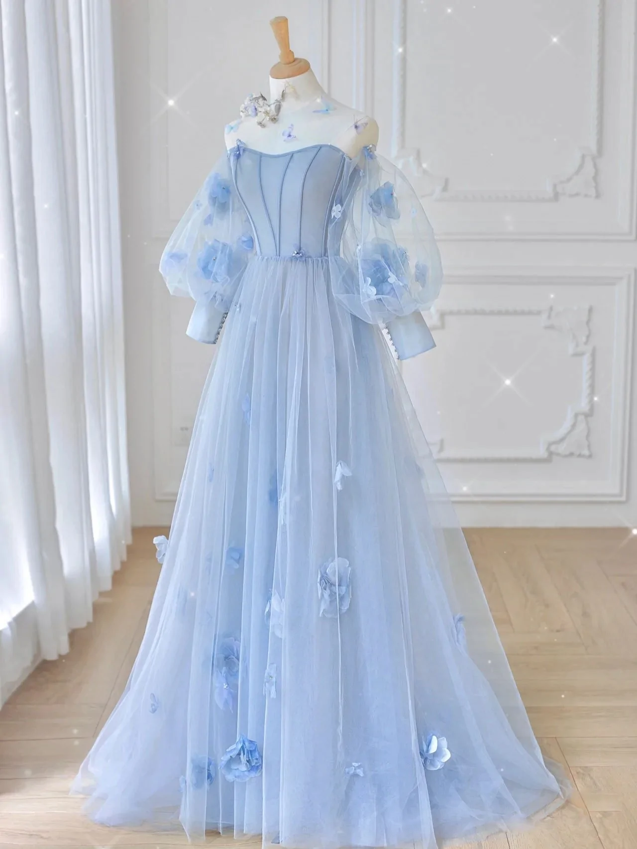 Ball Gown Long Sleeve Light Sky Blue Sweet 16 Dress Cheap Evening Dresses RYU037|Selinadress