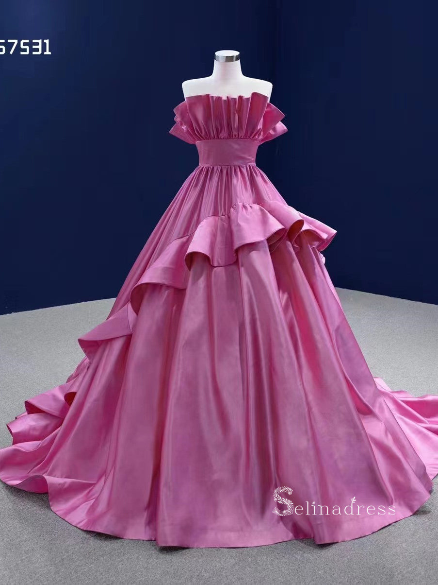 Ball Gown Pink Ruffle Quince Dresses Satin Ball Gown Wedding Dress RSM67531|Selinadress