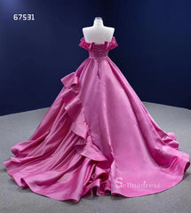 Ball Gown Pink Ruffle Quince Dresses Satin Ball Gown Wedding Dress RSM67531|Selinadress