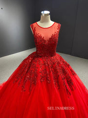 Ball Gown Scoop Neck Red Luxury Prom Dress Beaded Quincess Evening Gowns RSM67319|Selinadress