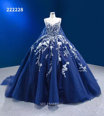 Ball Gown Spaghetti Straps Prom Dress Floral Ball Gown Blue Pageant Dress RSM222228|Selinadress