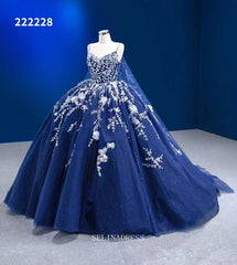 Ball Gown Spaghetti Straps Prom Dress Floral Ball Gown Blue Pageant Dress RSM222228|Selinadress