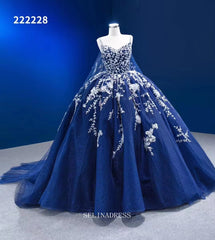 Ball Gown Spaghetti Straps Prom Dress Floral Ball Gown Blue Pageant Dress RSM222228|Selinadress