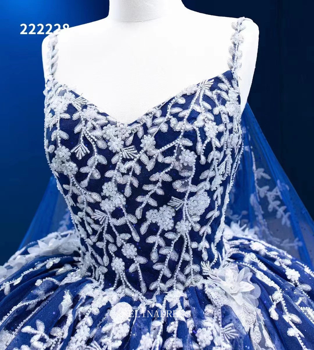 Ball Gown Spaghetti Straps Prom Dress Floral Ball Gown Blue Pageant Dress RSM222228|Selinadress