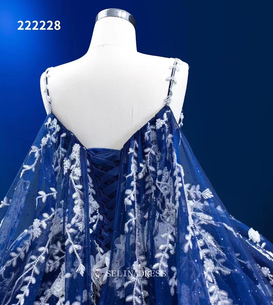 Ball Gown Spaghetti Straps Prom Dress Floral Ball Gown Blue Pageant Dress RSM222228|Selinadress