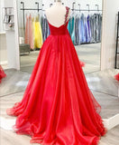 Beaded One-shoulder Long Prom Long Dresses Red Tulle Evening Dress MLSD014