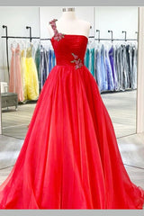 Beaded One-shoulder Long Prom Long Dresses Red Tulle Evening Dress MLSD014