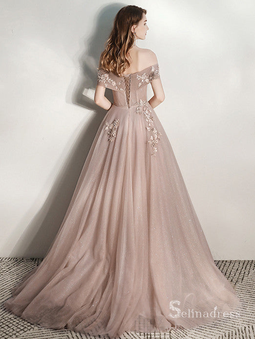 Beautiful A-line Off-the-shoulder Rose Pink Long Prom Dresses Formal Gowns SC013