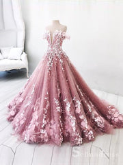 Beautiful Off-the-shoulder Pink Lace Long Prom Dress Gorgeous Floral Evening Gowns SED014