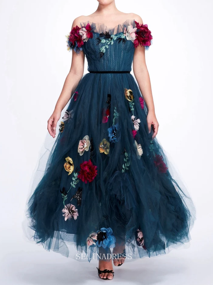 Beautiful Wedding A-Line Sweetheart Plus Size Off-Shoulder Dark Blue Tulle Dress 3D Flowered Evening Dress GRSD006