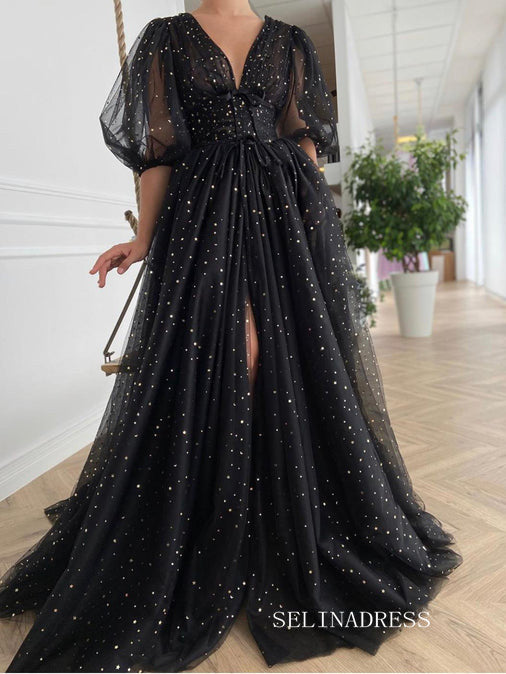 Black Long Prom Dresses A-line V neck Long Evening Dress Formal Dresses SSD004|Selinadress