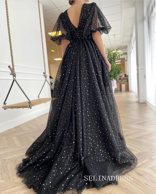 Black Long Prom Dresses A-line V neck Long Evening Dress Formal Dresses SSD004|Selinadress