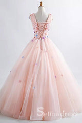 Blush Pink Princess Ball Gown 3D Floral Prom Dresses V-neck Boho Quinceanera Dress SED084