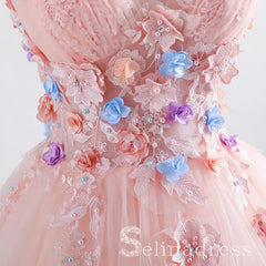 Blush Pink Princess Ball Gown 3D Floral Prom Dresses V-neck Boho Quinceanera Dress SED084