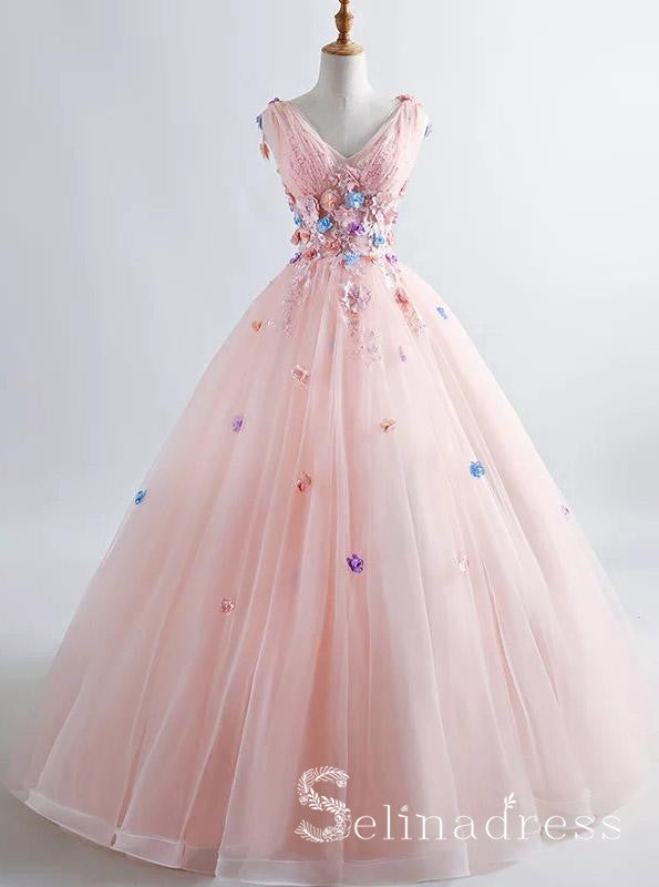 Blush Pink Princess Ball Gown 3D Floral Prom Dresses V-neck Boho Quinceanera Dress SED084