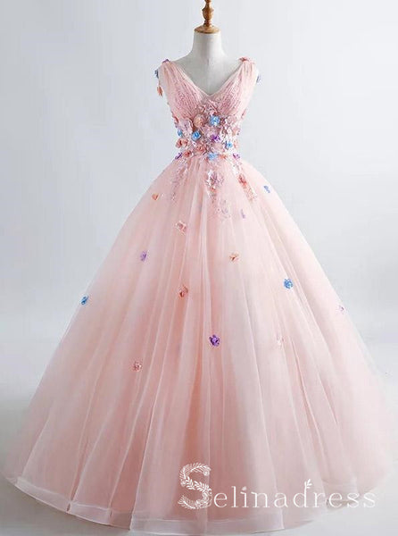 Blush Pink Princess Ball Gown 3D Floral Prom Dresses V-neck Boho  Quinceanera Dress SED084