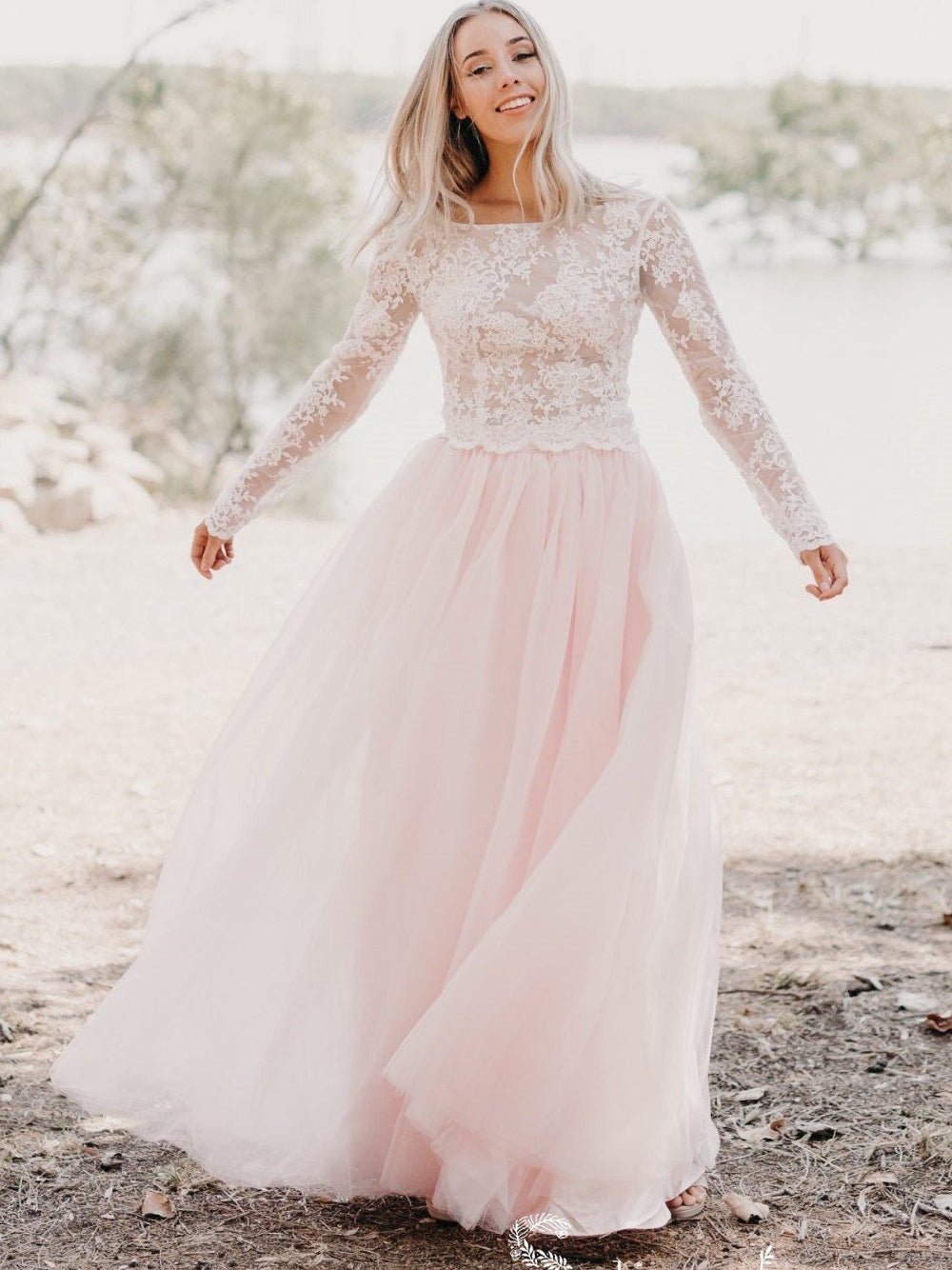 Pretty Lace Top Blush Pink Tulle Wedding Dress Plus Size Long Sleeve V Neck  A Line Floor Length