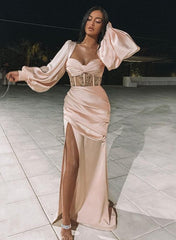 Blush Pink Square-neck Sweetheart Long Sleeves Side-slit Mermaid Long Prom Dress SDE011