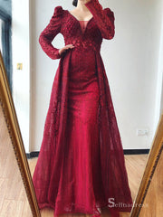 Burgundy A-line Luxury Lace Prom Dress Long Sleeve Beaded Evening Formal Gown SC042