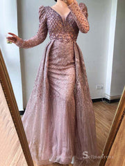 Burgundy A-line Luxury Lace Prom Dress Long Sleeve Beaded Evening Formal Gown SC042