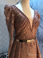 Burgundy A-line Luxury Lace Prom Dress Long Sleeve Beaded Evening Formal Gown SC042