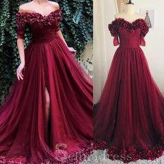 Burgundy A-line Off Shoulder Prom Dresses Custom Made Evening Gowns #SED209