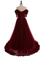 Burgundy A-line Off Shoulder Prom Dresses Custom Made Evening Gowns #SED209