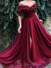 Burgundy A-line Off Shoulder Prom Dresses Custom Made Evening Gowns #SED209