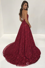 Burgundy Halter Rose Lace Long Prom Dress With Split Formal Evening Dresses #SED178|Selinadress