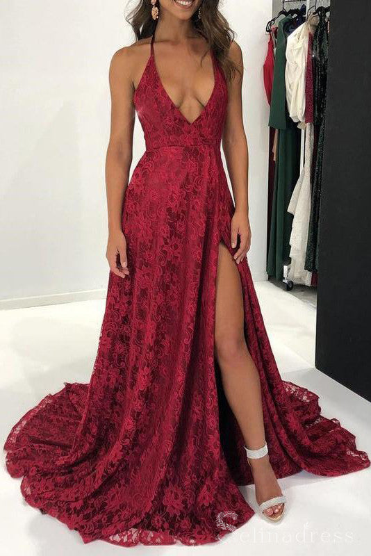 Burgundy Halter Rose Lace Long Prom Dress With Split Formal Evening Dresses #SED178|Selinadress